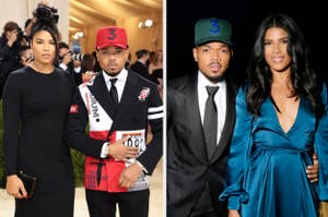Two images side by side; on the left, Chance the Rapper in a formal jacket with badges, beside a woman in a sleek dress; on the right, both posing elegantly