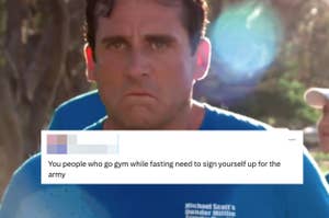 Meme with text over a man’s puzzled face, joking about gym-goers fasting should join the army