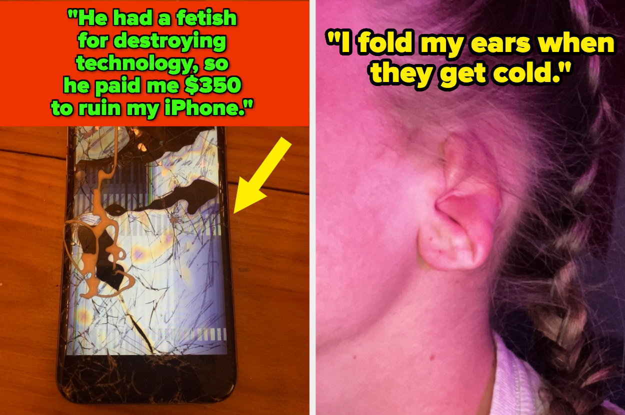 Two-part meme: Left shows a shattered iPhone with text about being paid to destroy it; right shows a person's ear folded forward with text about cold ears