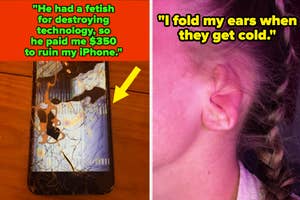 Two-part meme: Left shows a shattered iPhone with text about being paid to destroy it; right shows a person's ear folded forward with text about cold ears