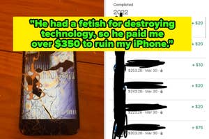 Smashed iPhone with anime artwork, next to a list of Venmo transactions indicating payment for its destruction