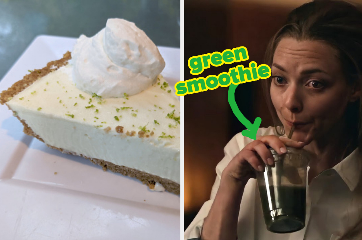 A slice of key lime pie on a plate; A woman drinking a green smoothie with text "green smoothie."