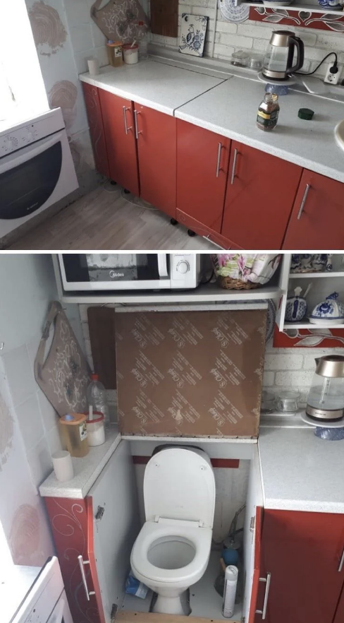 Kitchen with red cabinetry mistakenly built with a toilet under the counter