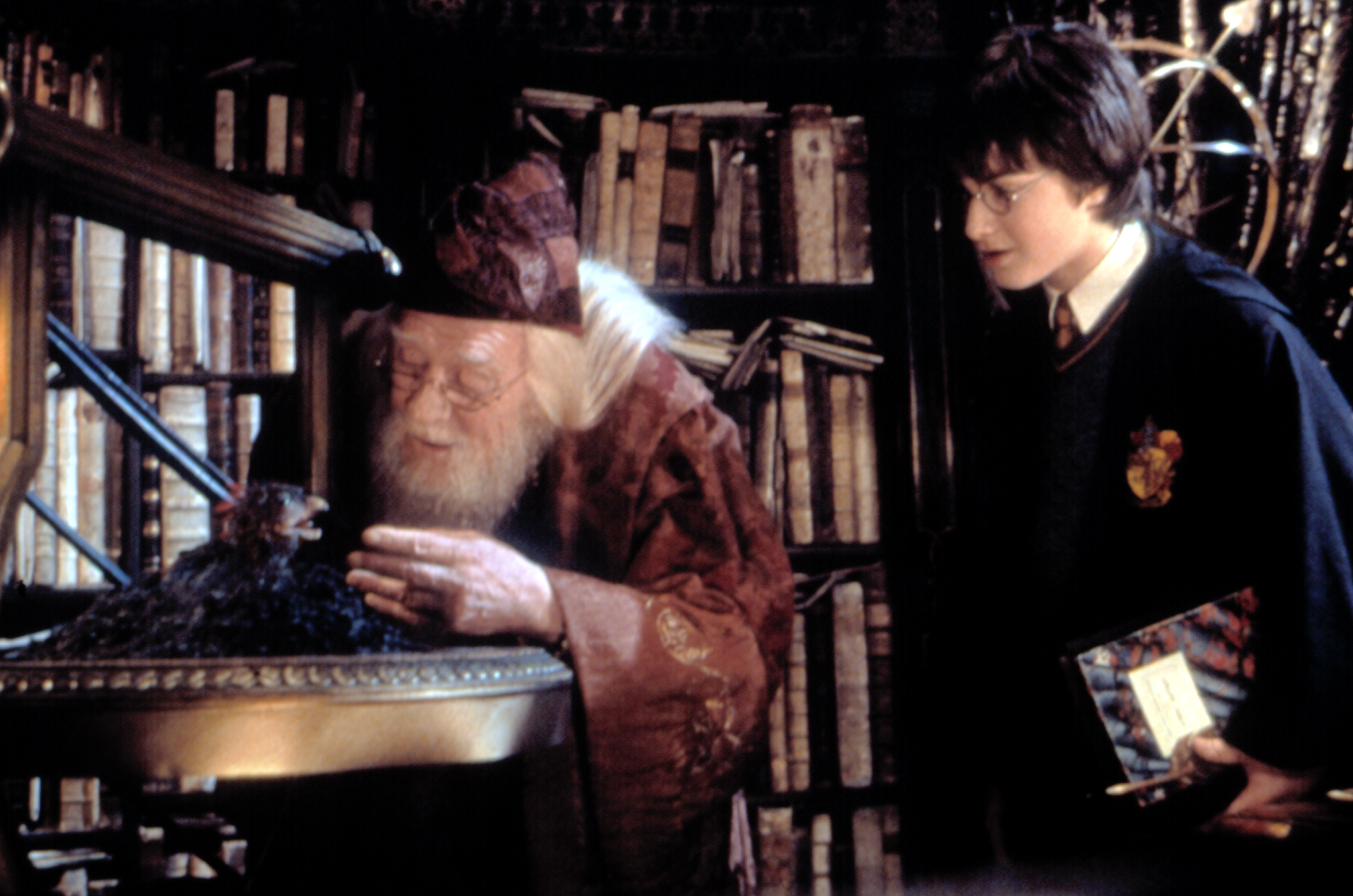Dumbledore and Harry Potter stand by a phoenix; Dumbledore touches the bird, while Harry watches