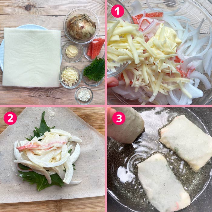 料理の材料と過程を示す4枚の写真。