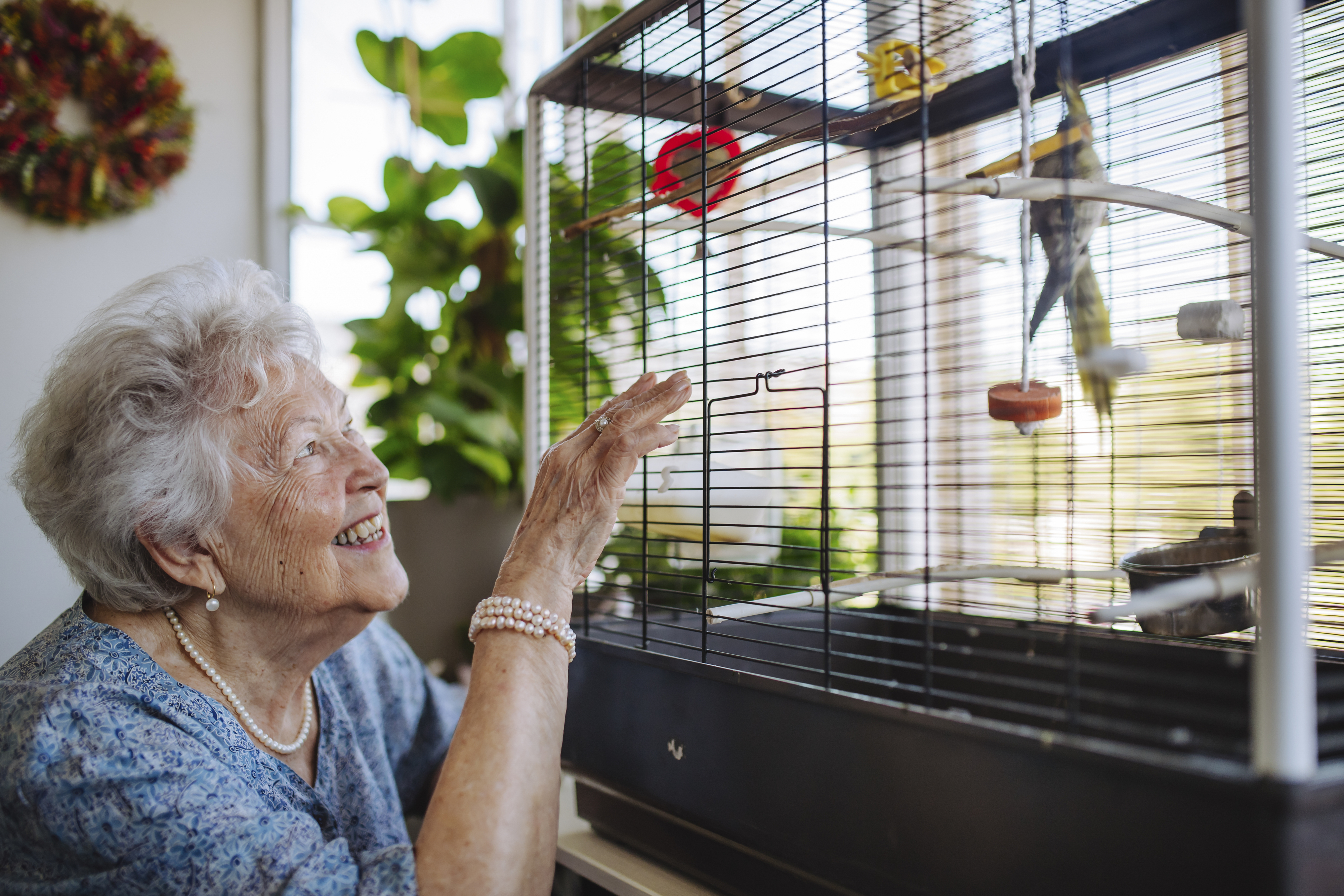 Elderly woman smiling, interacting with a bird inside a cage