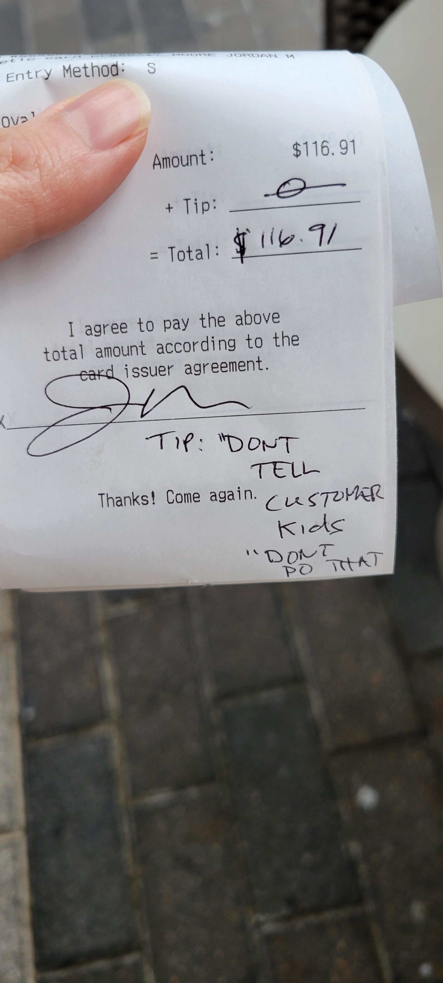 Receipt with $0 tip making total $116.91 with a note saying &quot;Tip: Don&#x27;t tell customer kids &#x27;don&#x27;t do that&#x27;&quot;