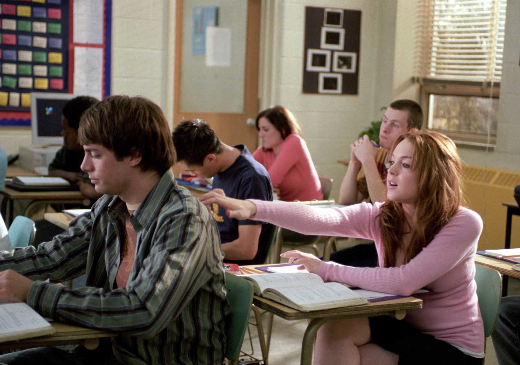 Lindsay Lohan and Jonathan Bennett in a classroom scene from the movie &#x27;Mean Girls&#x27;