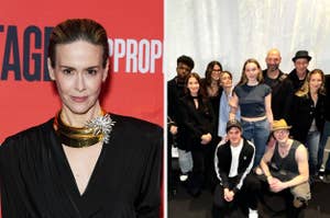 Left: Sarah Paulson in a black dress with a gold neckpiece. Right: Group of people posing together, casual attire