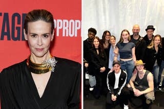 Left: Sarah Paulson in a black dress with a gold neckpiece. Right: Group of people posing together, casual attire