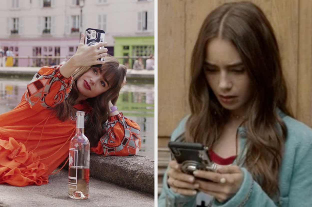 Split image: Left - Woman in a printed dress taking a selfie with a retro camera. Right - Girl looking at a mobile phone, concerned.
