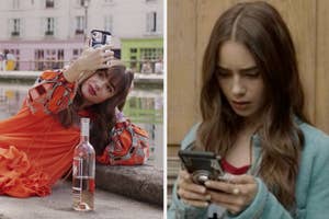 Split image: Left - Woman in a printed dress taking a selfie with a retro camera. Right - Girl looking at a mobile phone, concerned.