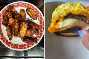 Two images, left shows air fried chicken wings on a plate, right is a close-up of a breakfast sandwich held in hand