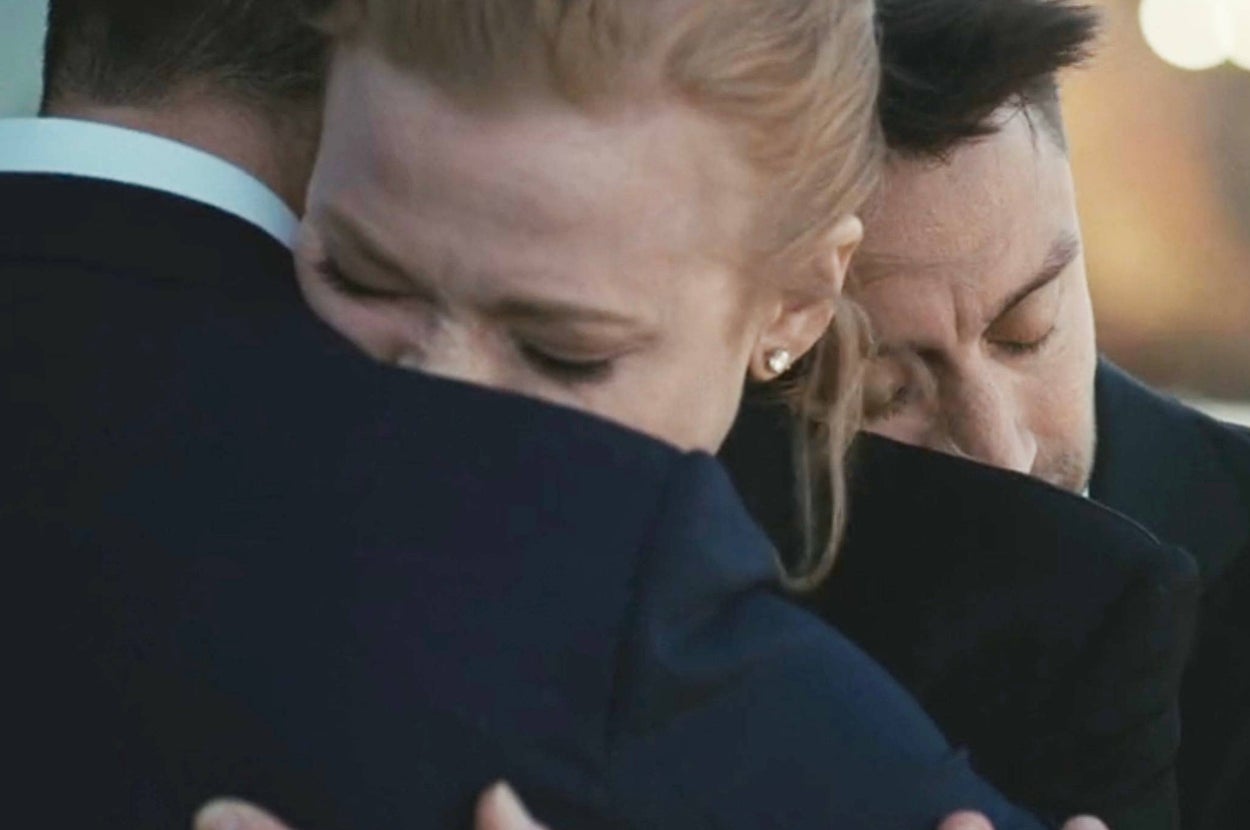 Kendall, Shiv, and Roman hugging in Succession