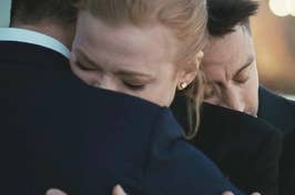 Kendall, Shiv, and Roman hugging in Succession