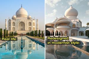 Side-by-side comparison of the Taj Mahal and a modernist redesign concept
