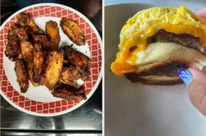 Two images, left shows air fried chicken wings on a plate, right is a close-up of a breakfast sandwich held in hand