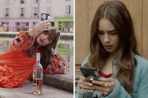 Split image: Left - Woman in a printed dress taking a selfie with a retro camera. Right - Girl looking at a mobile phone, concerned.
