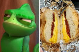 On the left, Pascal from Tangled, and on the right, a bacon, egg, and cheese bagel wrapped in aluminium foil