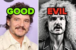 Split image; left side features Pedro Pascal smiling, right side is a character with a leather jacket and wild hair marked "EVIL."
