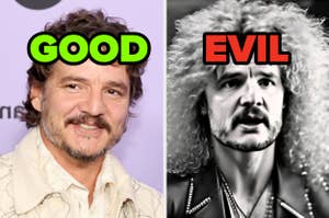Split image; left side features Pedro Pascal smiling, right side is a character with a leather jacket and wild hair marked "EVIL."