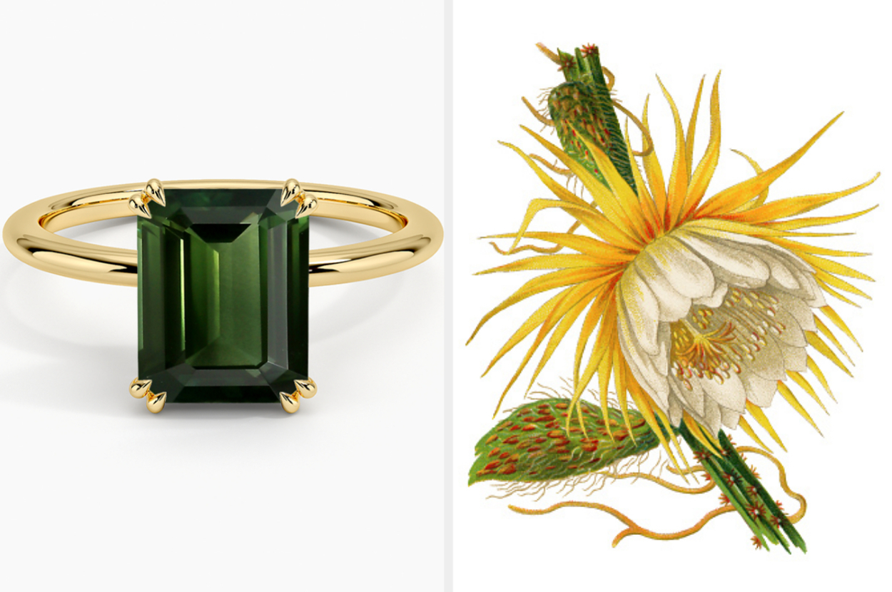 Gold ring with emerald, botanical illustration of a flower