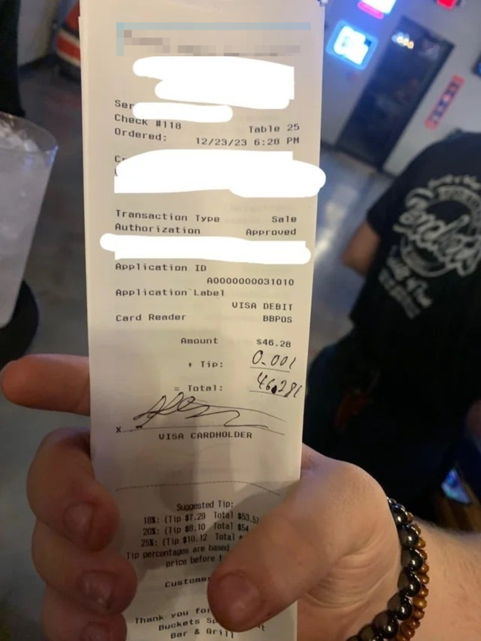 Receipt showing a total of $46.281 with a $0.001 tip