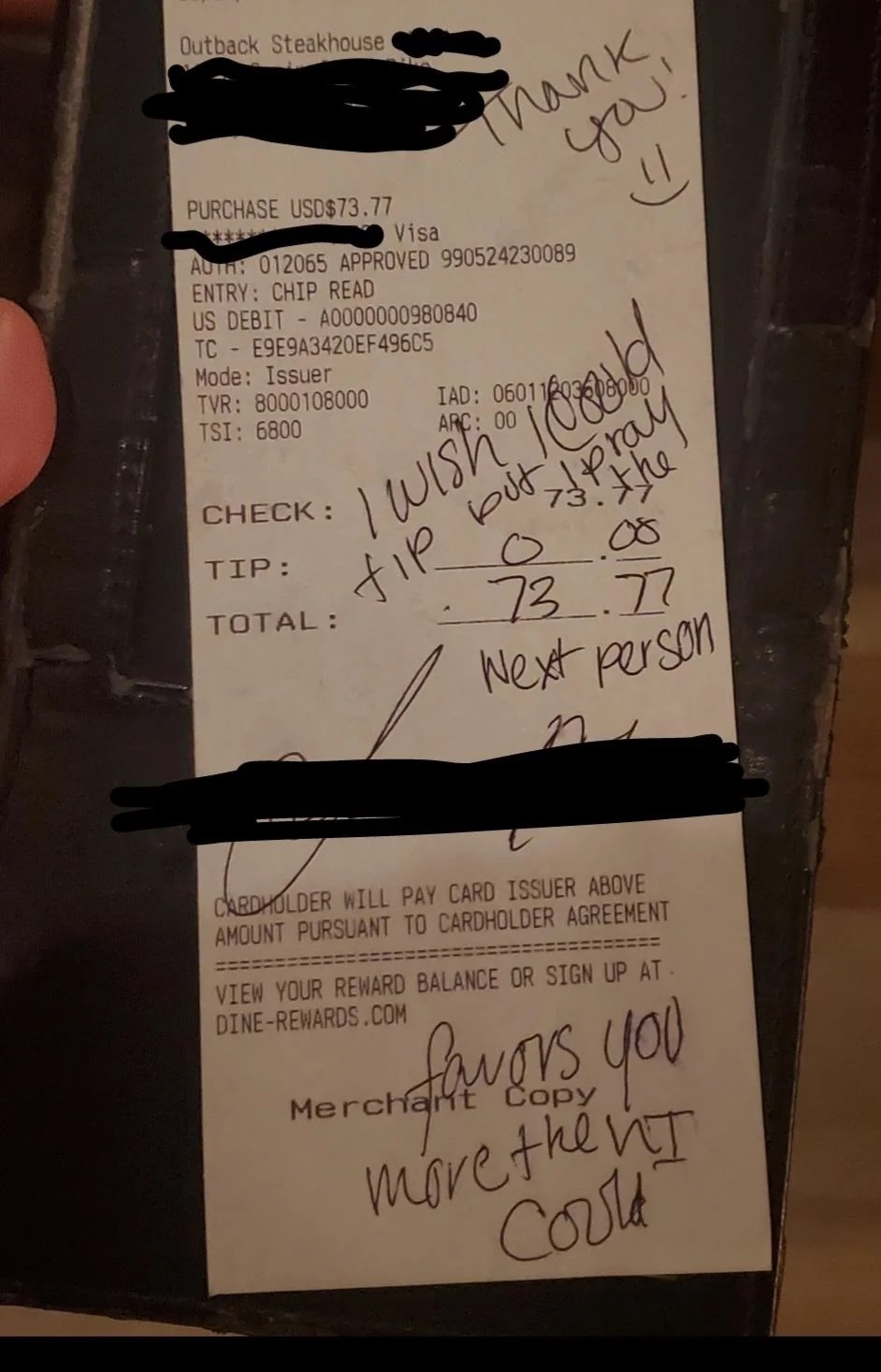 Receipt with handwritten message, &quot;Tips for you&quot; and &quot;Pay it forward, next person.&quot; Total and tip amounts are crossed out
