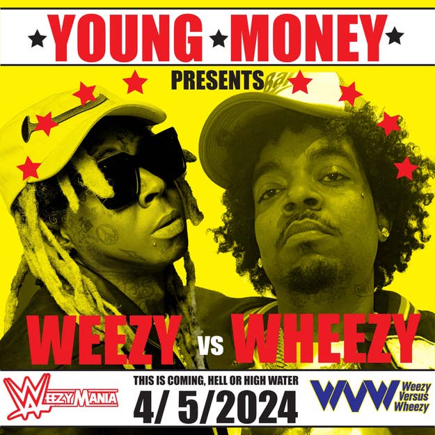 Promotional poster for Young Money presents Weezy vs. Wheezy, with event details and two performers' artistic depictions