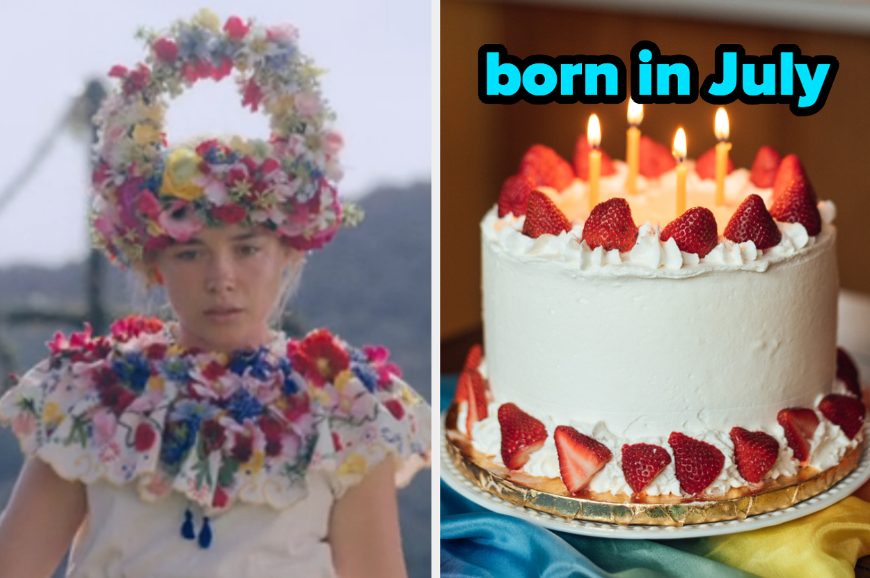 On the left, Florence Pugh as Dani in Midsommar, and on the right, a vanilla cake with strawberries on it and lit candles in it labeled born in July