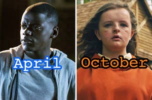 On the left, Daniel Kaluuya as Chris in Get Out labeled April, and on the right, Milly Shapiro as Charlie in Hereditary labeled October