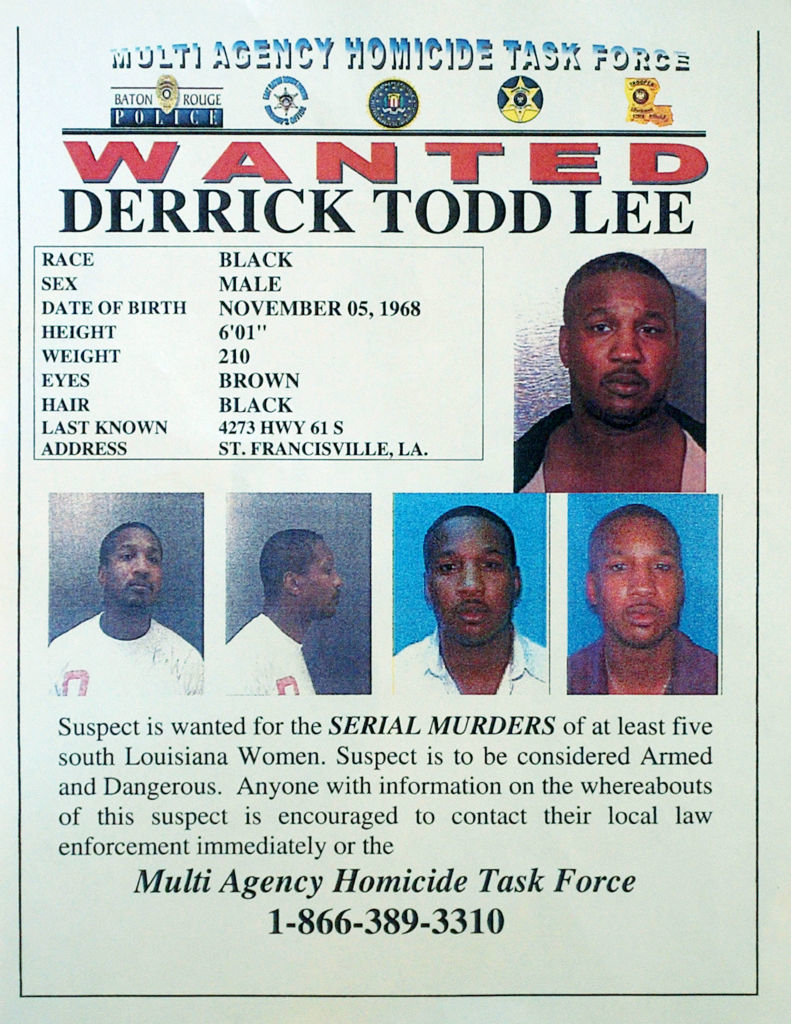 Wanted poster for Derrick Todd Lee with photo, physical characteristics, and contact details for reporting information