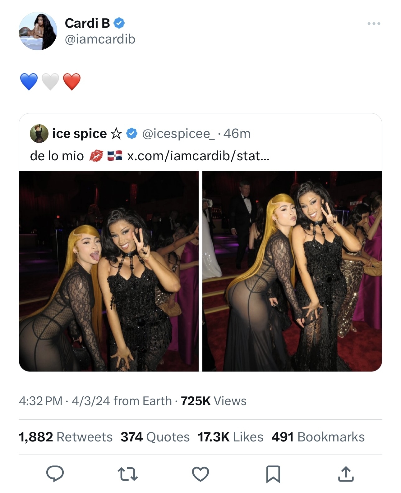 Cardi B and Ice Spice in mesh outfits with peace signs at an event