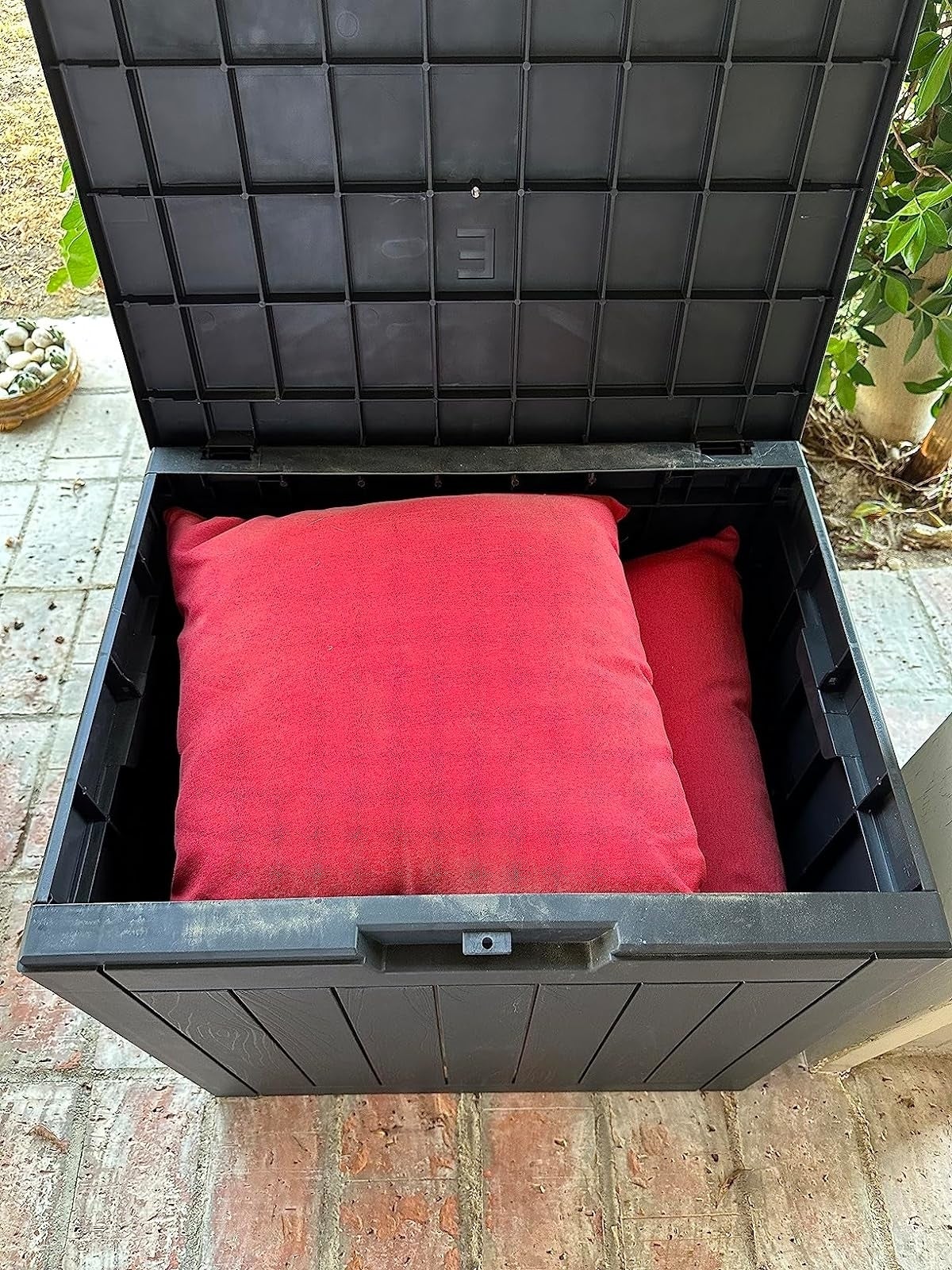 reviewer's outdoor storage box with a red cushion inside