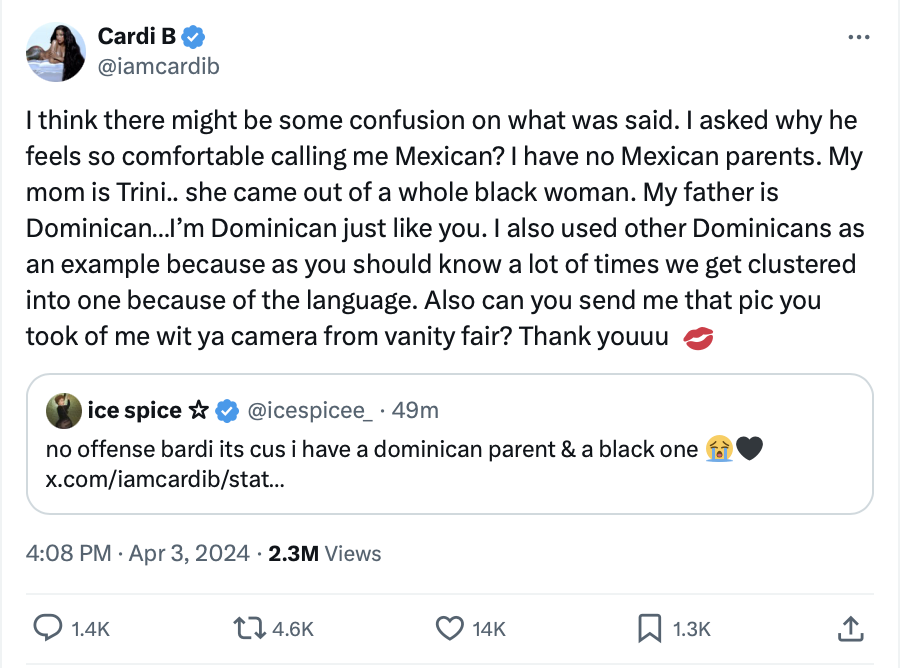 Cardi B tweets about confusion over her heritage and cultural identity; she discusses her Dominican roots and thanks a fan