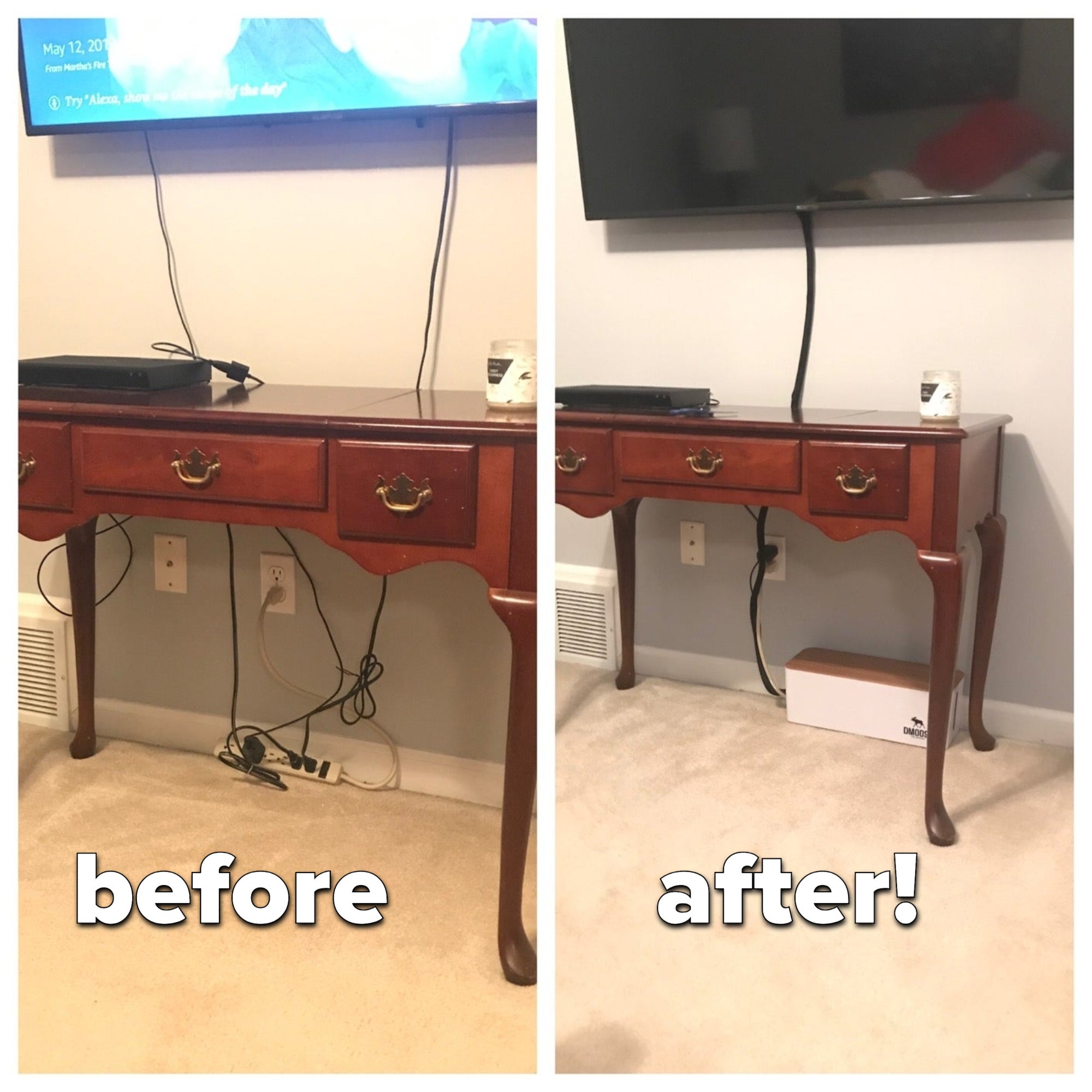 reviewer before and after of a tidy cable management solution under a TV stand