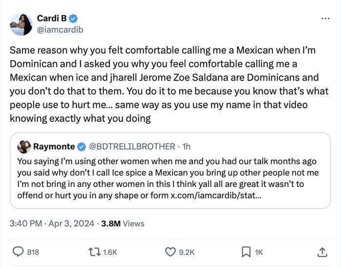 Cardi B tweets in response to a user&#x27;s comment about calling her Mexican, clarifying her Dominican background and addressing respect towards people