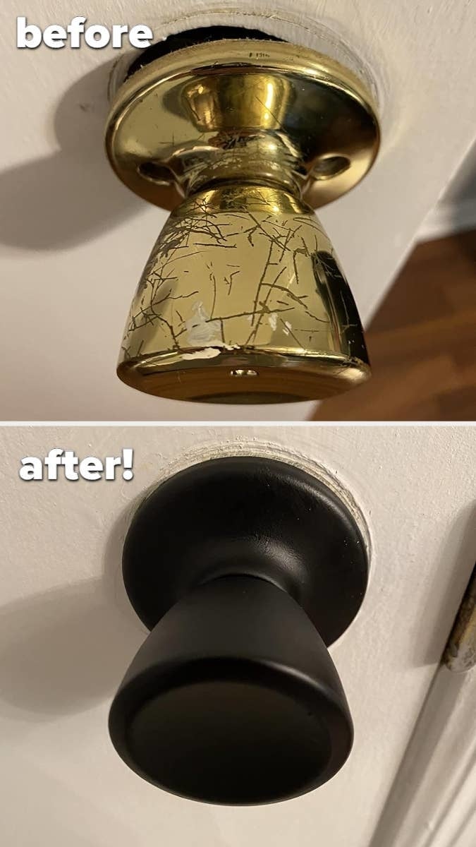 top: reviewer's gold doorknob full of ugly scratches / bottom: after the paint, doorknob is now black and sleek