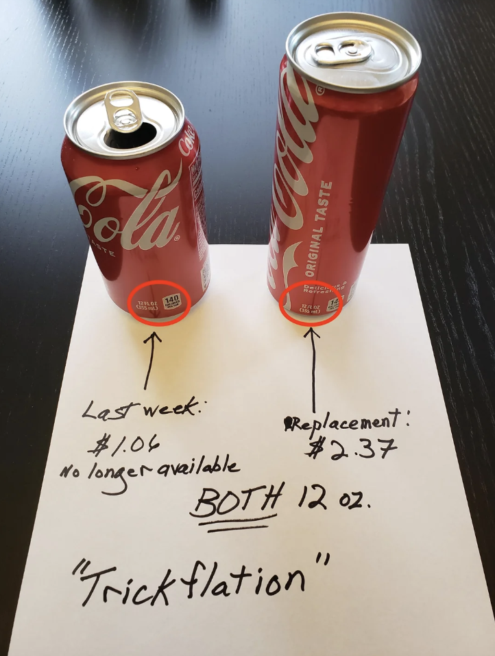 Two soda cans with the same amount of liquid and one for a higher price