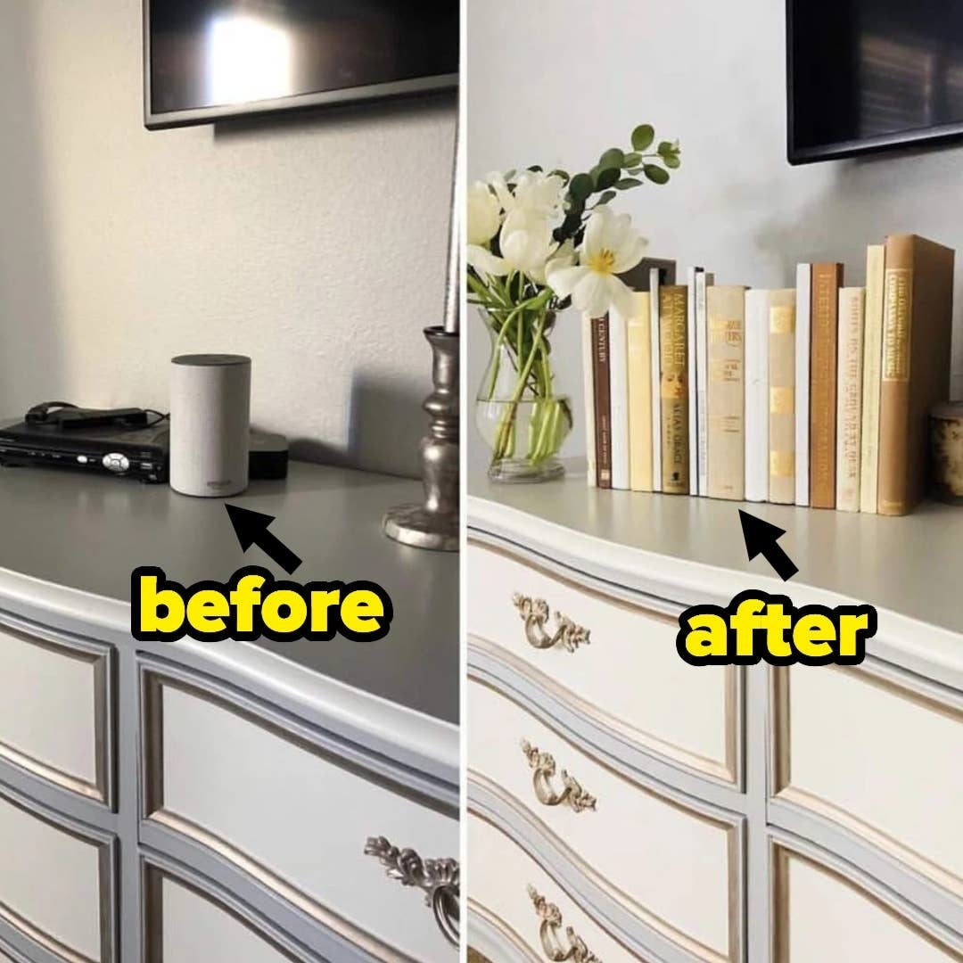 left: a dresser office with a router and Alexa device/ right: the items being concealed by faux book display