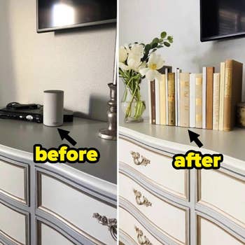 left: a dresser office with a router and Alexa device/ right: the items being concealed by faux book display