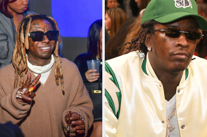 Lil Wayne in a knitted sweater giving a peace sign; Young Thug in a letterman jacket looking to the side