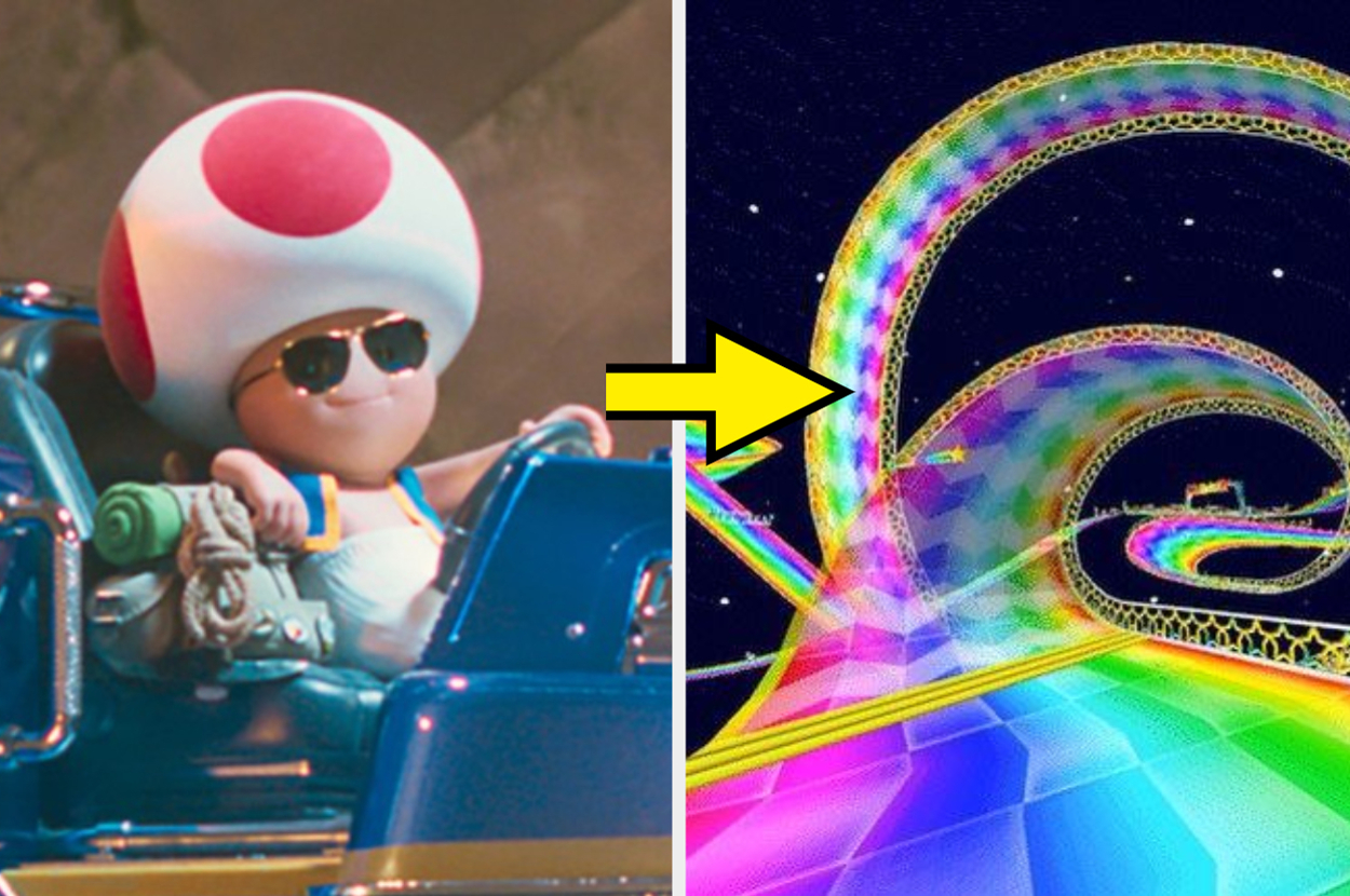 Toad driving a large truck and the Rainbow Road course.