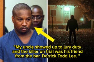 Mugshot of Derrick Todd Lee beside image of a shadowy figure outside a house at night; overlaid text describes a personal encounter with Lee