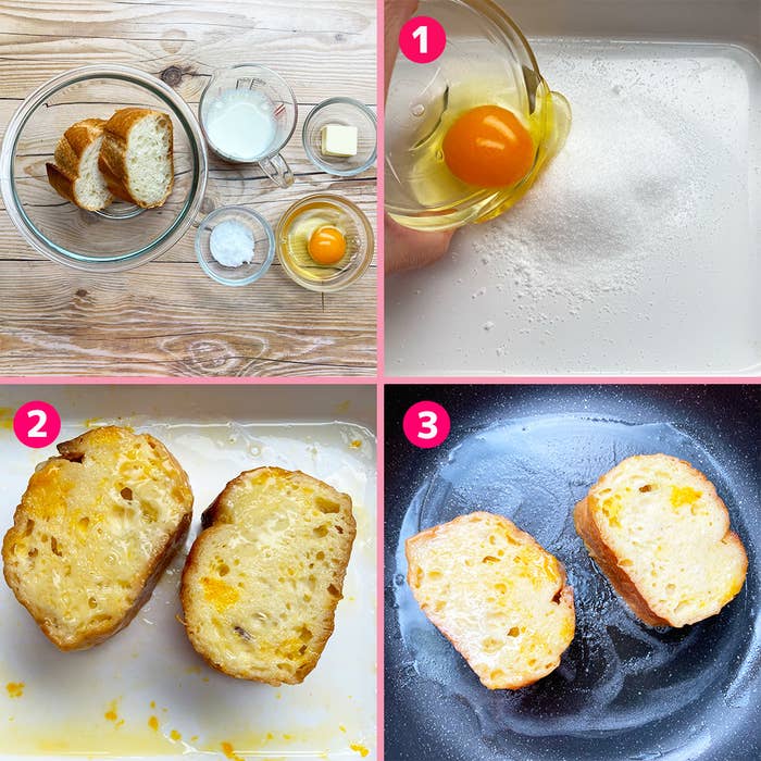 フレンチトーストの作り方を示す4枚の写真。パンと材料が並んでいる。