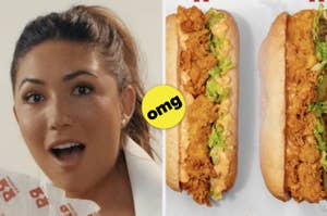 Split image: Left - woman expressing surprise, sticker with "omg". Right - two sandwiches with crispy chicken and toppings