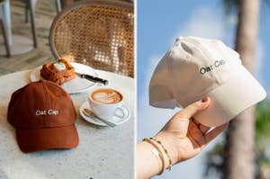 Two baseball caps with "Oat Cap" embroidered, one beside a cinnamon roll and latte, another on a sunny day outdoors