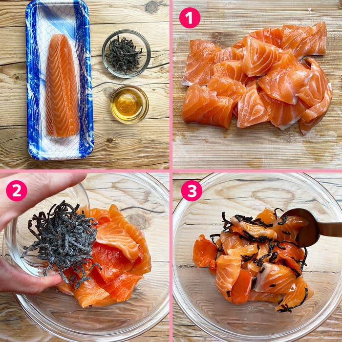 サーモンの調理過程。上左にサーモンの塊、右に切ったサーモン。下に調味液をかけた完成品。