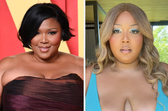 Two side-by-side images of Lizzo in different outfits and hairstyles