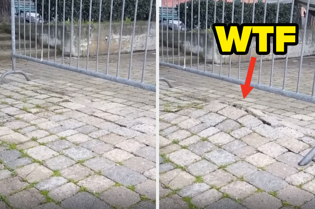 Image of a pavement with an arrow pointing at a detail, overlay text reads &quot;WTF&quot;